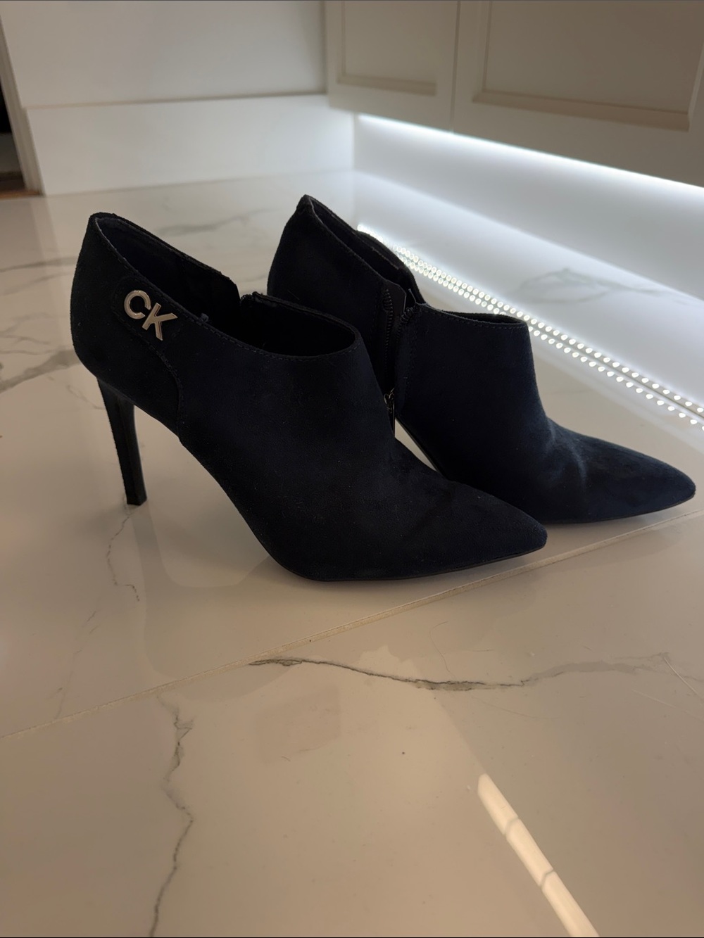 Calvin Klein Black Pointed-Toe Suede Heel Booties